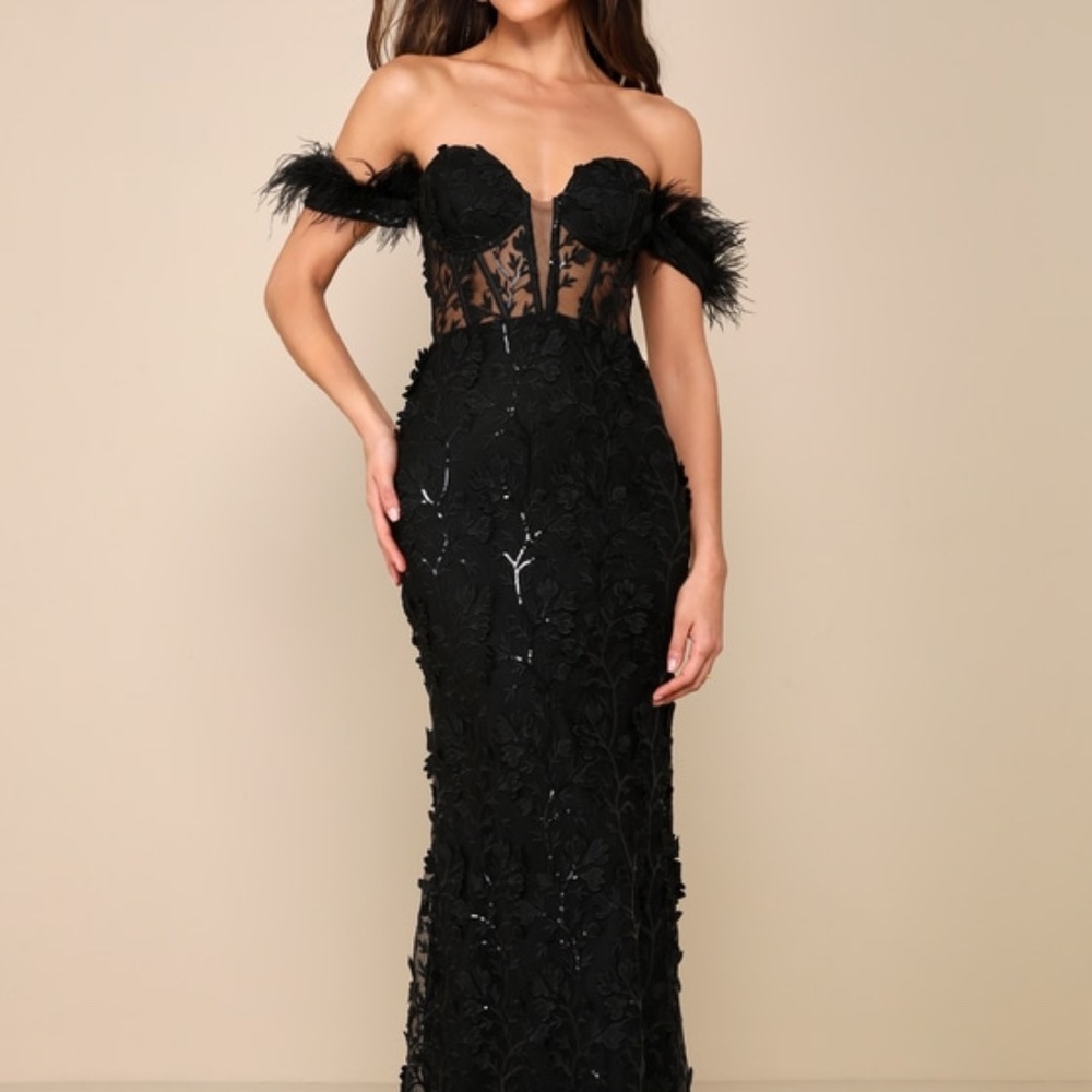 Lulus Midnight Sparkle Black Embroidered Feather Bustier Maxi Dress